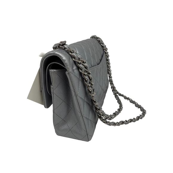 Chanel Leather Quilted Classic Double Flap CC Logo Medium Crossbody Bag Silver - Picture 7 of 16